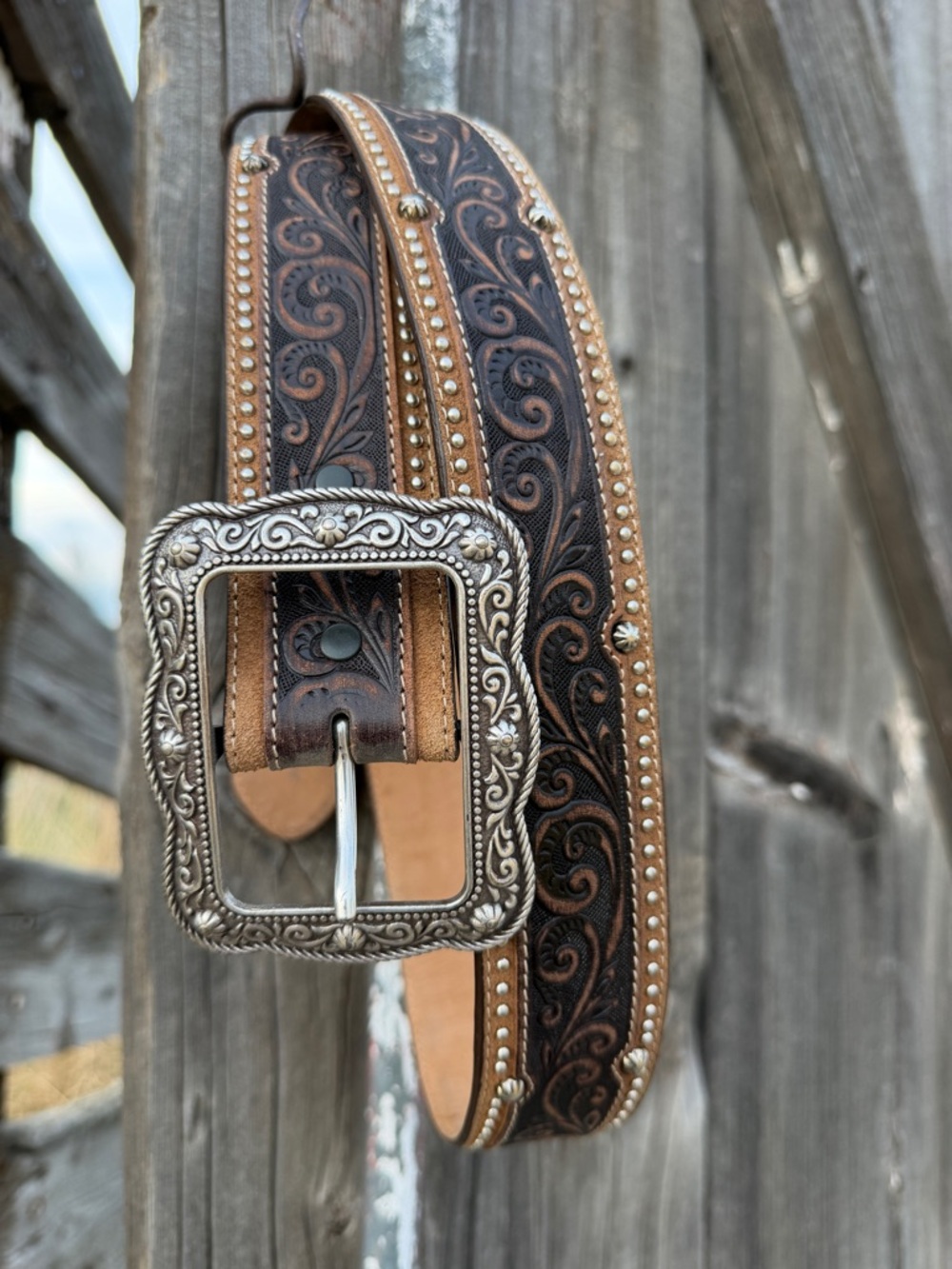 Justin Brown and Tan Tooled Leather Belt with Removable Silver Buckle